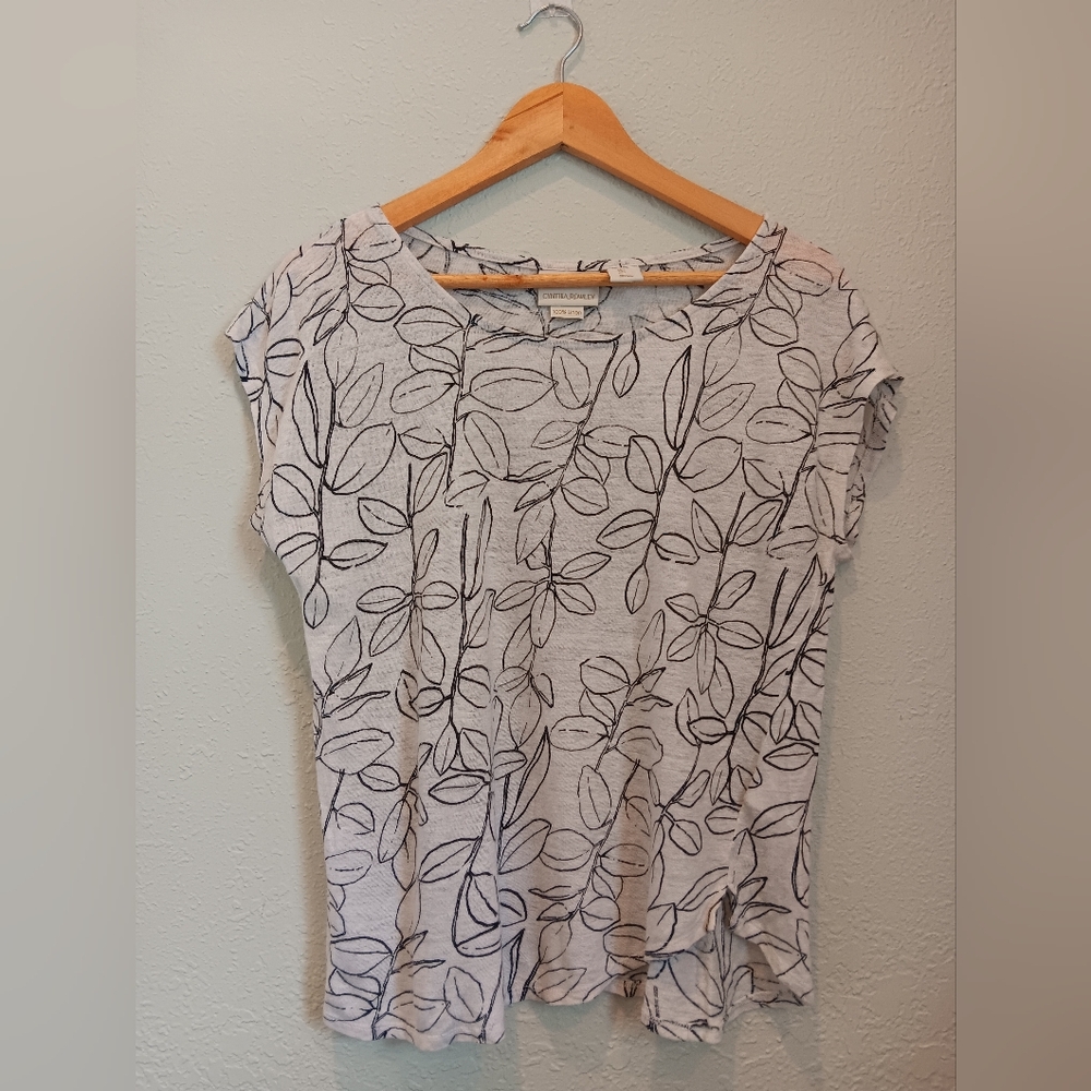 Cynthia Rowley Leaf Print Linen Tee Top - Black and White